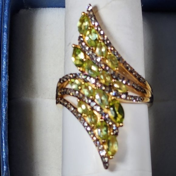 Natural Arizona Peridot & Brown Zircon bypass ring in Yellow Gold/925SS sz 9 3ct - Picture 4 of 5